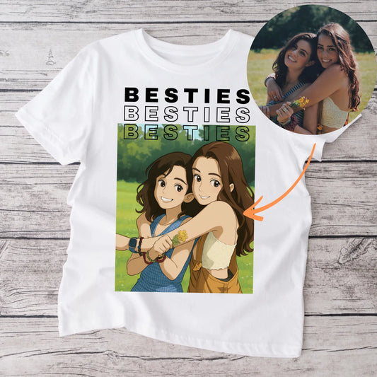 Afbeelding als strip-/animetekening - Gepersonaliseerd foto T-shirt Besties (100% katoen, unisex)