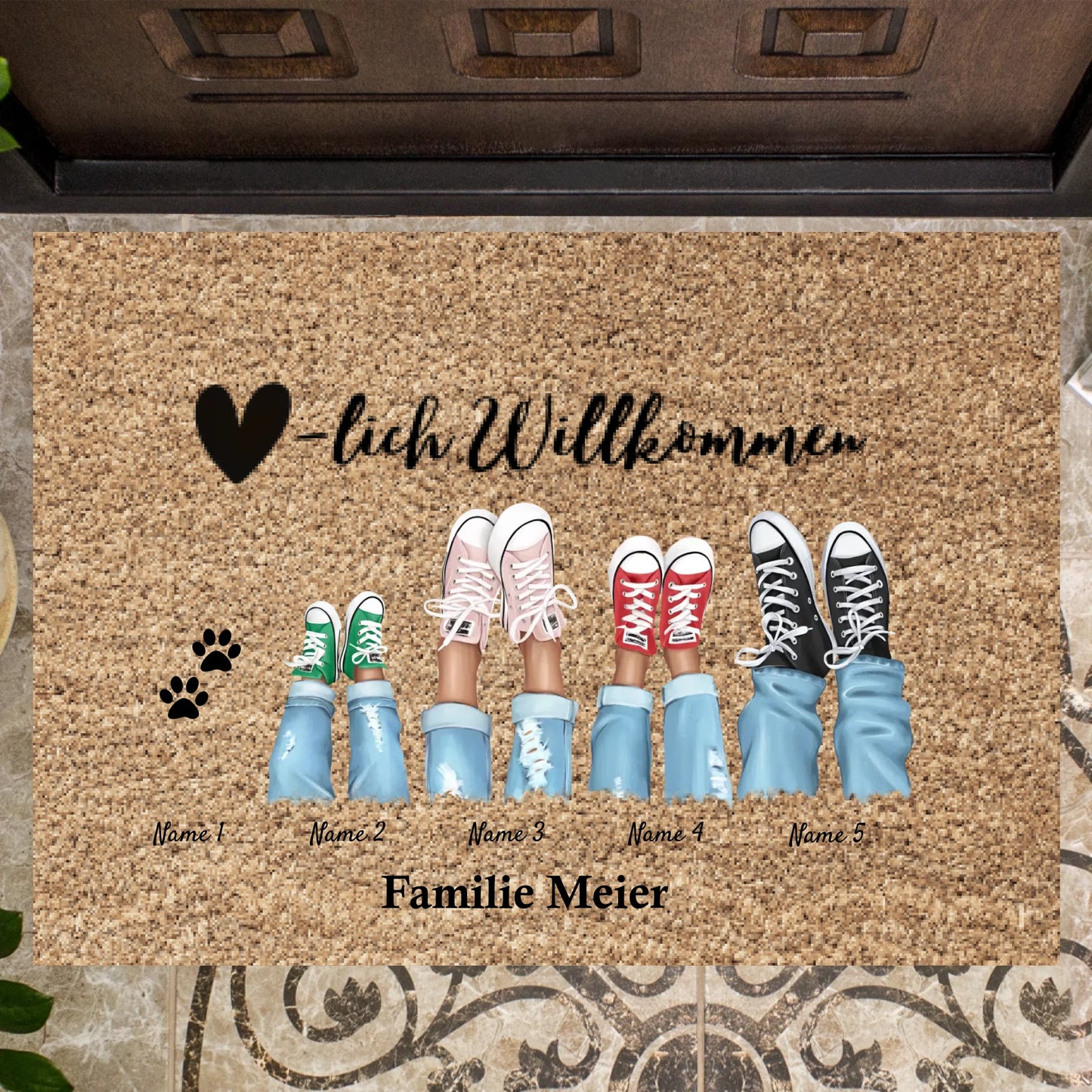 Bienvenue - Paillasson personnalisé pour intérieur & extérieur (2-8 personnes, enfants & animaux) Gris