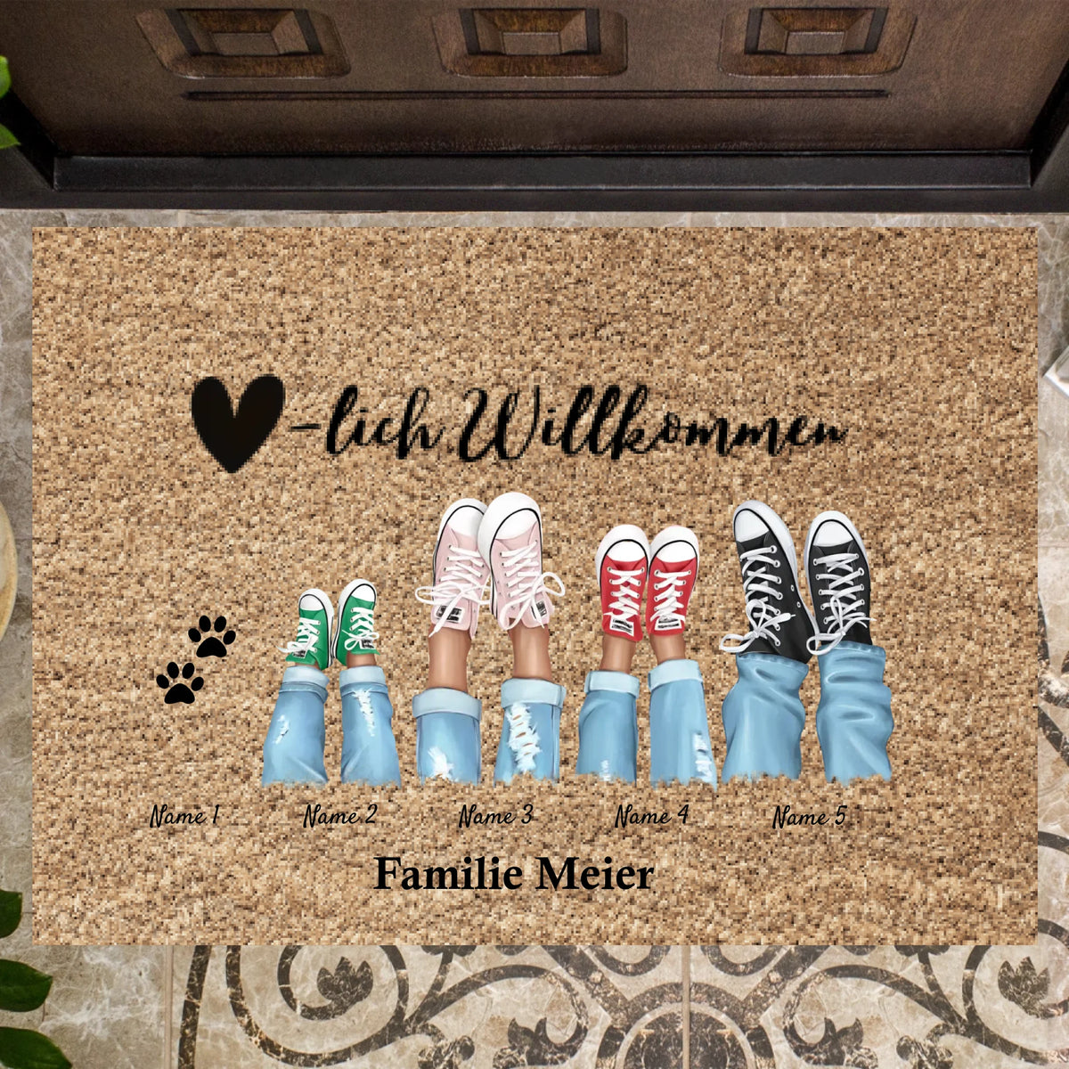 Bienvenue - Paillasson personnalisé pour intérieur & extérieur (2-8 personnes, enfants & animaux) Gris