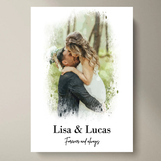 Poster photo aquarelle personnalisé pour couple - Poster individuel avec ou sans cadre