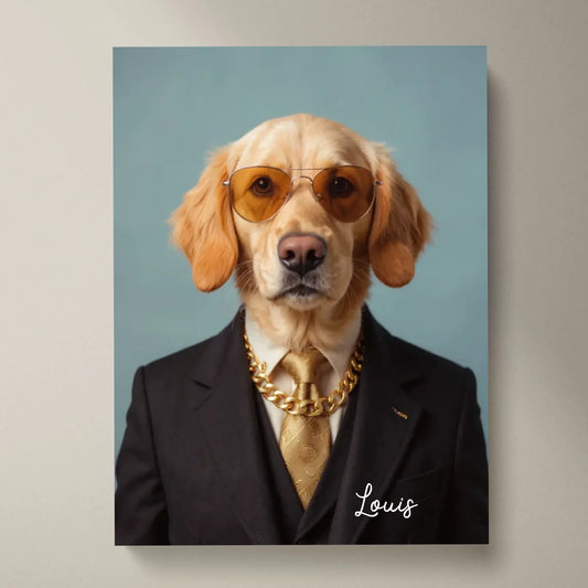 Lustiges Haustier Portrait - Personalisiertes Poster mit Fotoupload in unterschiedlichen Stilen (Hund, Katze im Anzug, als Superheld, Cowboy, etc.)