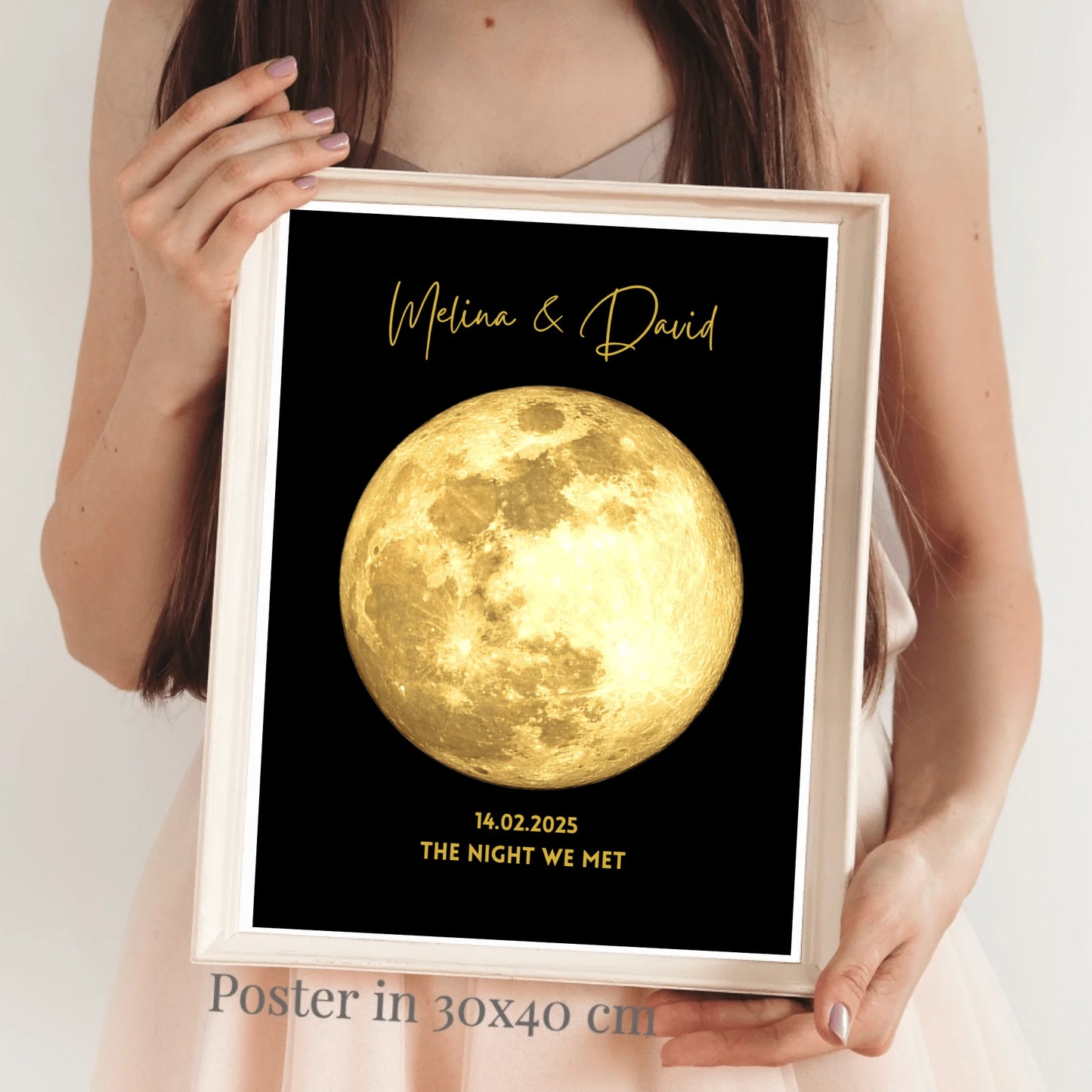 De nacht dat we elkaar ontmoetten - Gepersonaliseerde maanfaseposter, Gouden maan door datumgeschenk