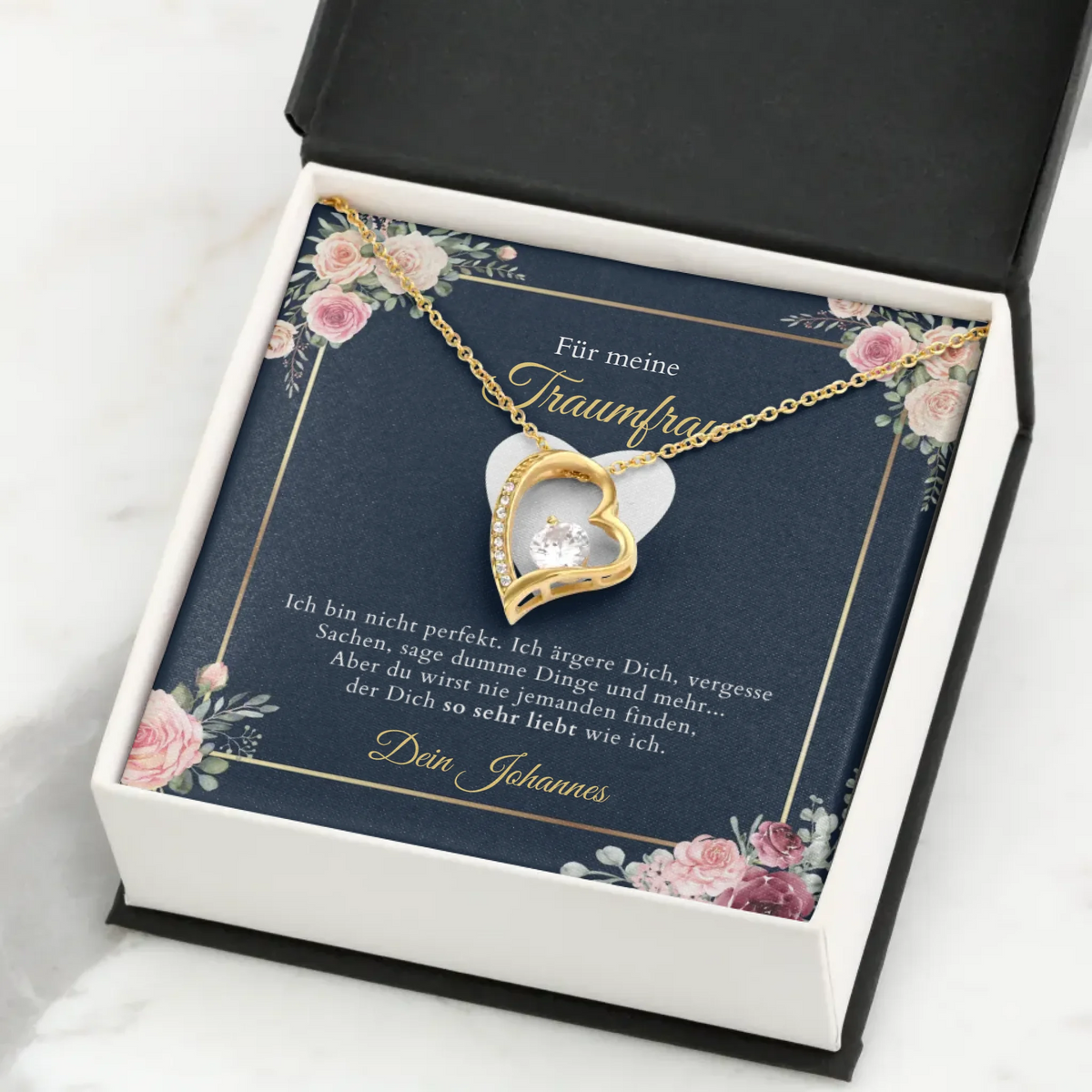 Forever Love "Femme de rêve" - Collier avec pendentif coeur en or & carte personnalisée