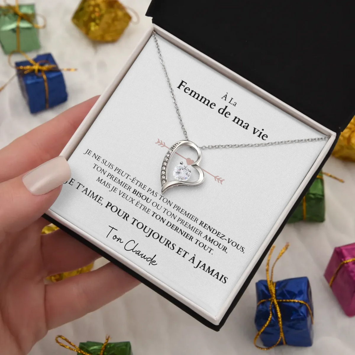 Je t'aime, pour toujours et à jamais - Collier avec pendentif coeur &amp; carte personnalisée