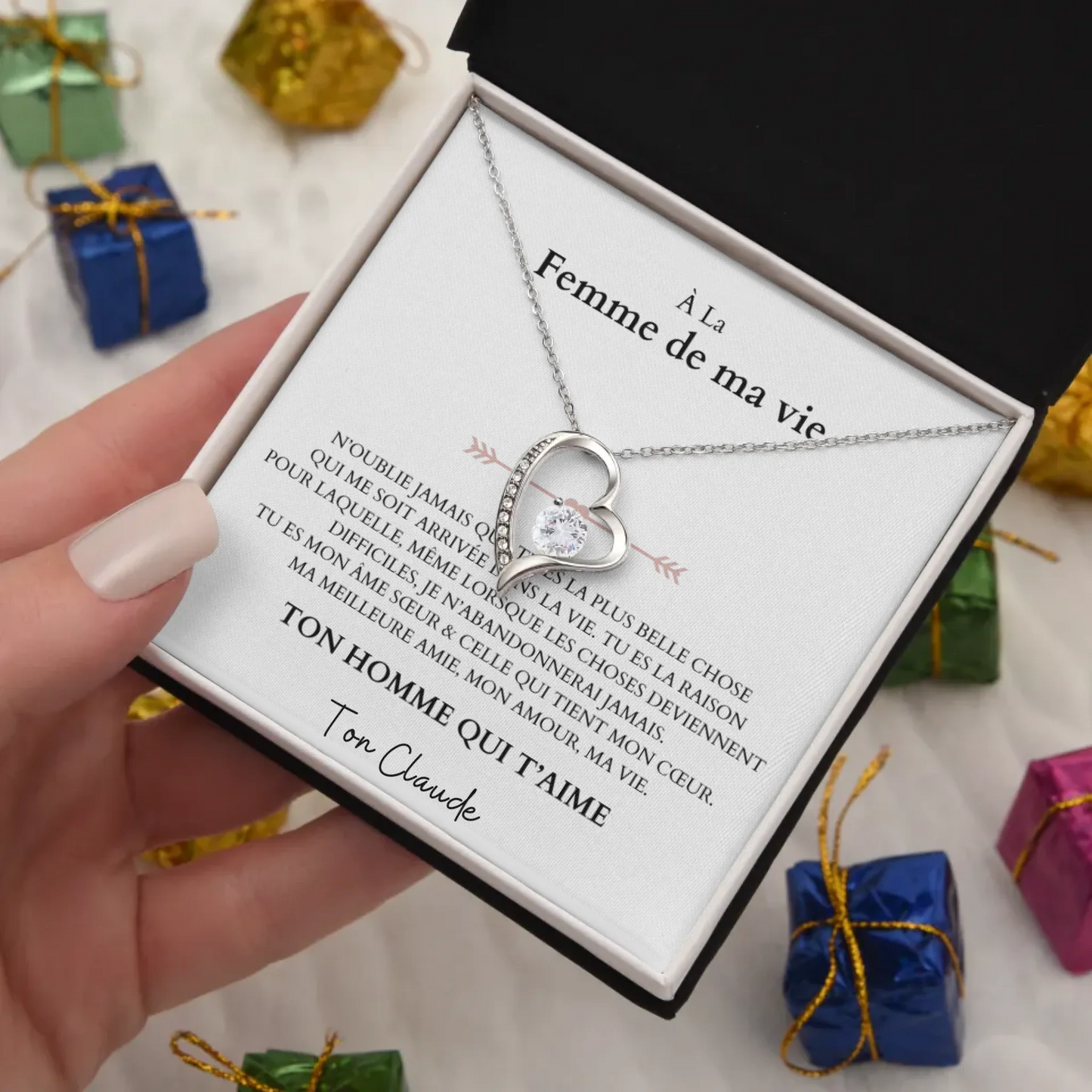 À la femme de ma vie - Ketting met hangerhart en gepersonaliseerde kaart