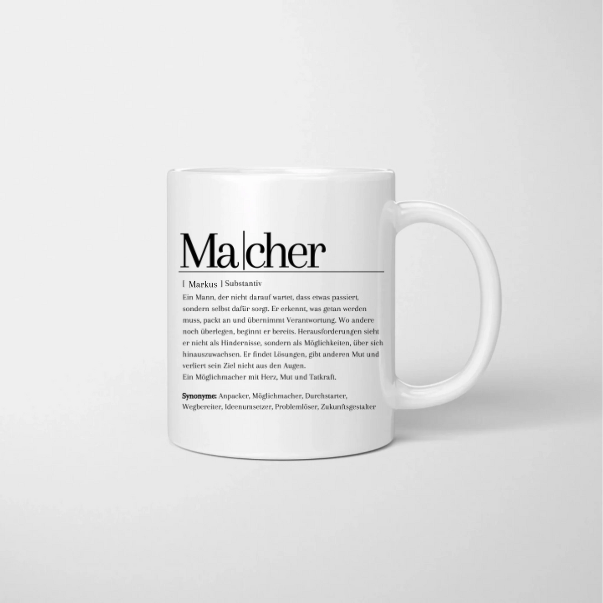 Definition Macher/ Macherin - Personalisierte Tasse für Freunde, Kollegen, Männer, witziges Geschenk