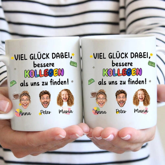 Veel geluk afscheidsmok collega's met uitgeknipte gezichten