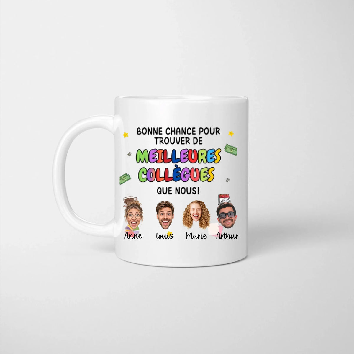 Mug d'adieu personnalisé « Bonne chance » pour collègues, avec visages découpés