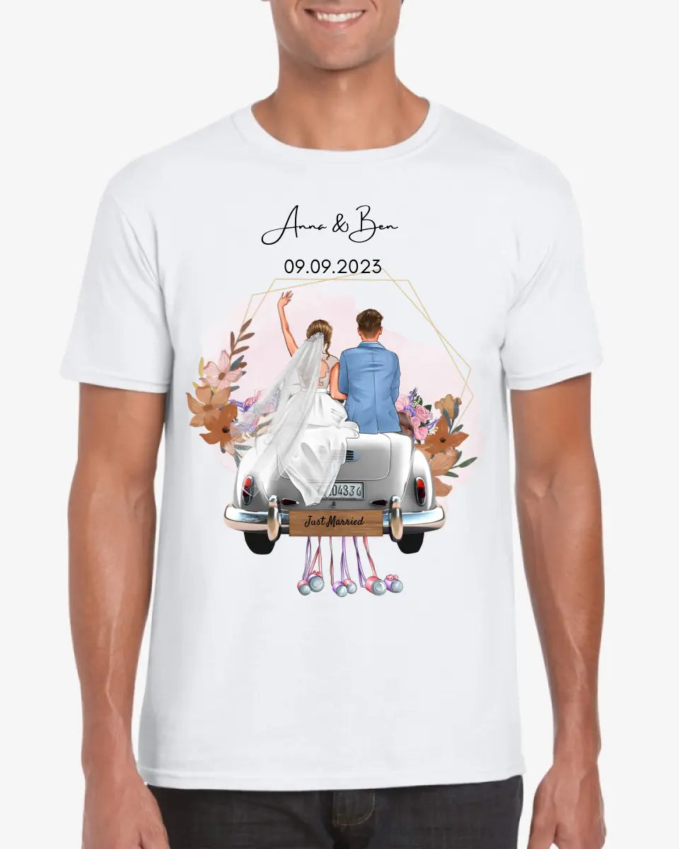 "Just Married" gepersonaliseerd trouw T-shirt - Voor bruid en bruidegom, huwelijkscadeau