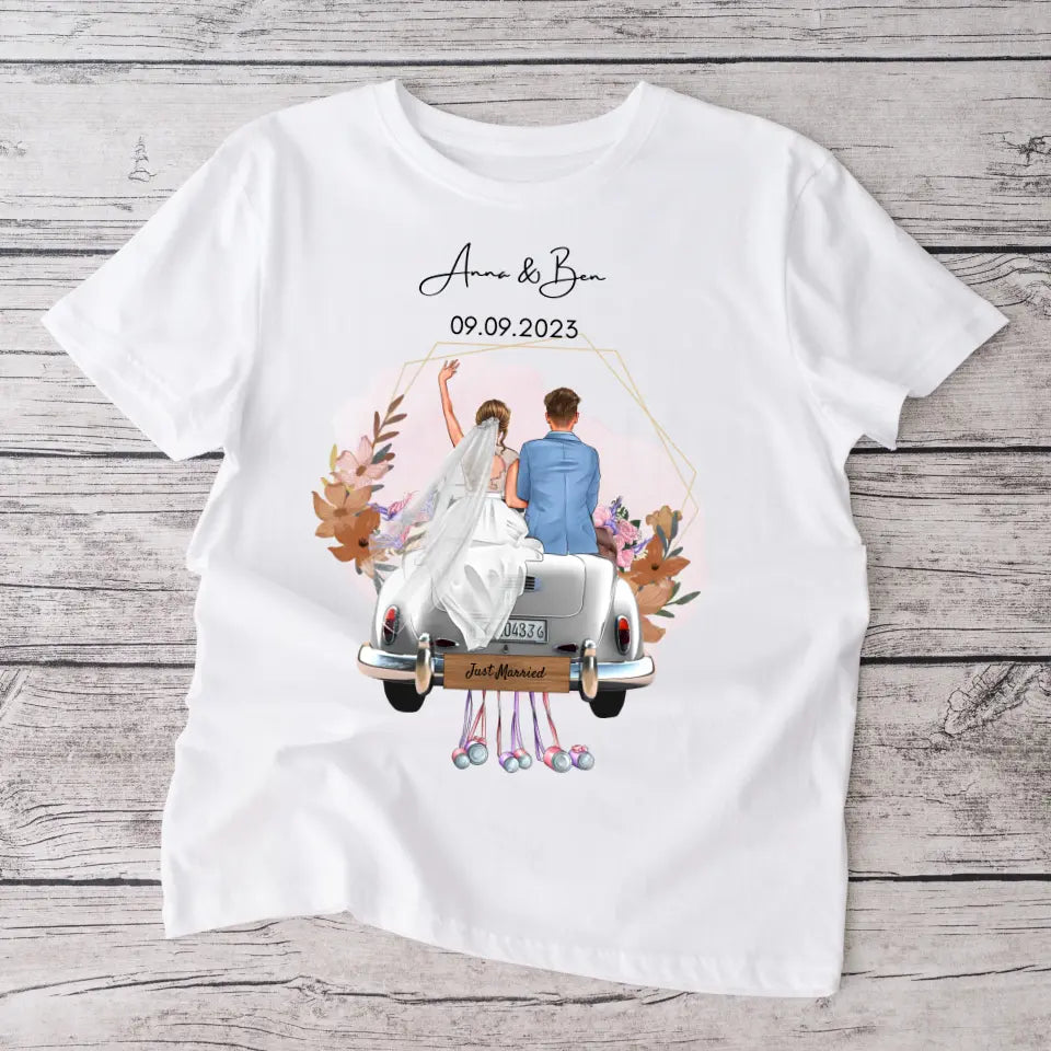 "Just Married" gepersonaliseerd trouw T-shirt - Voor bruid en bruidegom, huwelijkscadeau